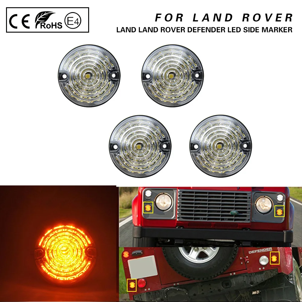

4PCS Clear Amber LED Side Marker Lamp For Land Rover Defender 90/110 Series 1 2 2A 3 Front+Rear