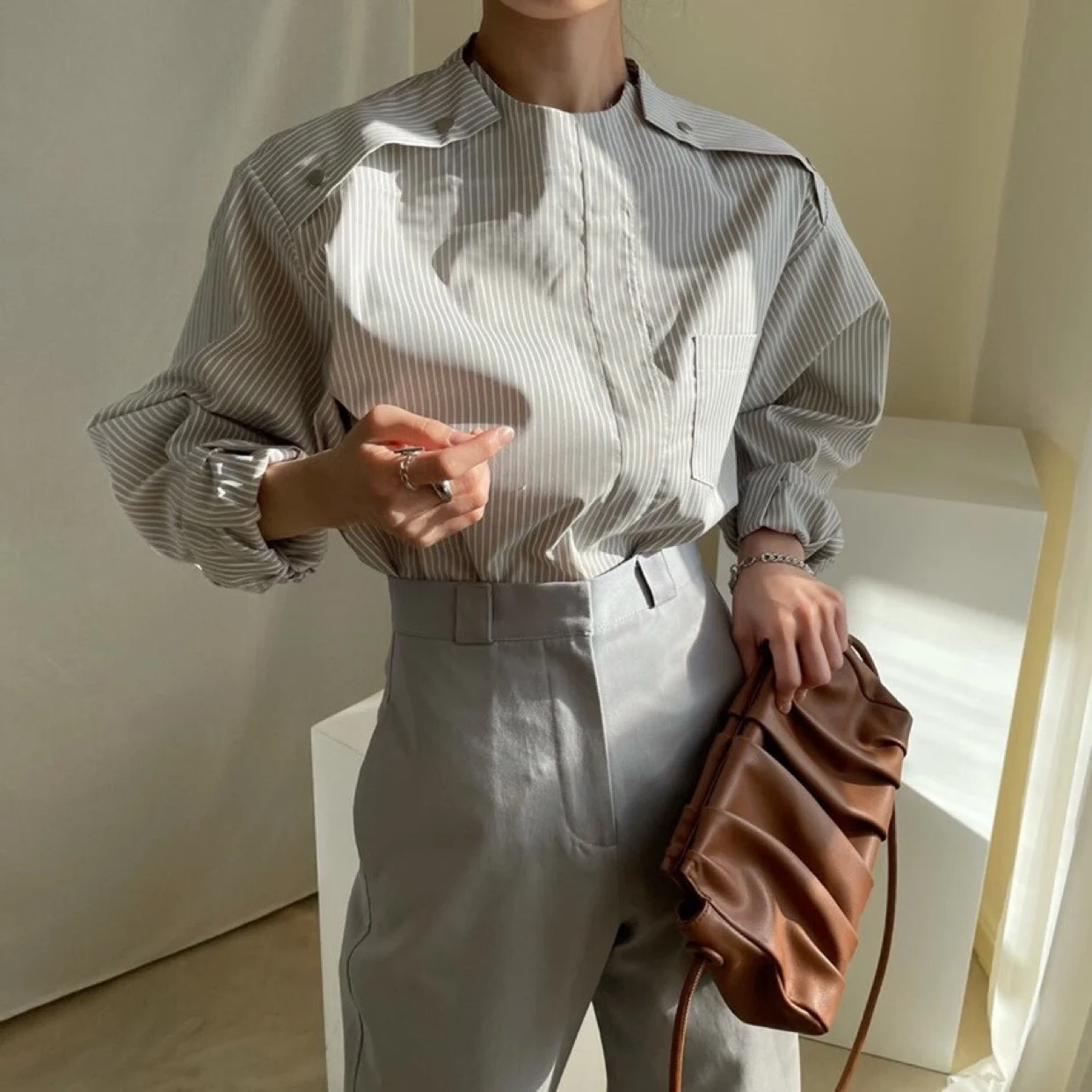 

Korean Striped All Match Loose Women 2021 Office Lady Brief OL Sweet Geometric High Quality Streetwear Stylish Blouses