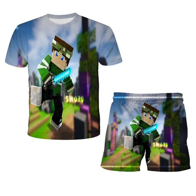 

Boys Clothes Summer Set 2021 New Cartoon My World Print Short Sleeve Anime Print T Shirt + Pants For 4-14 Years Kids 3D Outfit