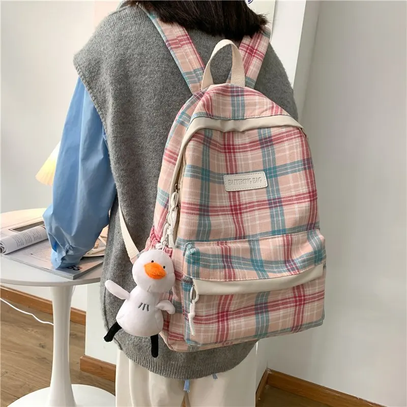 

2021 New Cute Women Backpack Grid Waterproof School Bag High Student Bags For Teenage Kawaii Girl Boy Couples Travel Rucksack