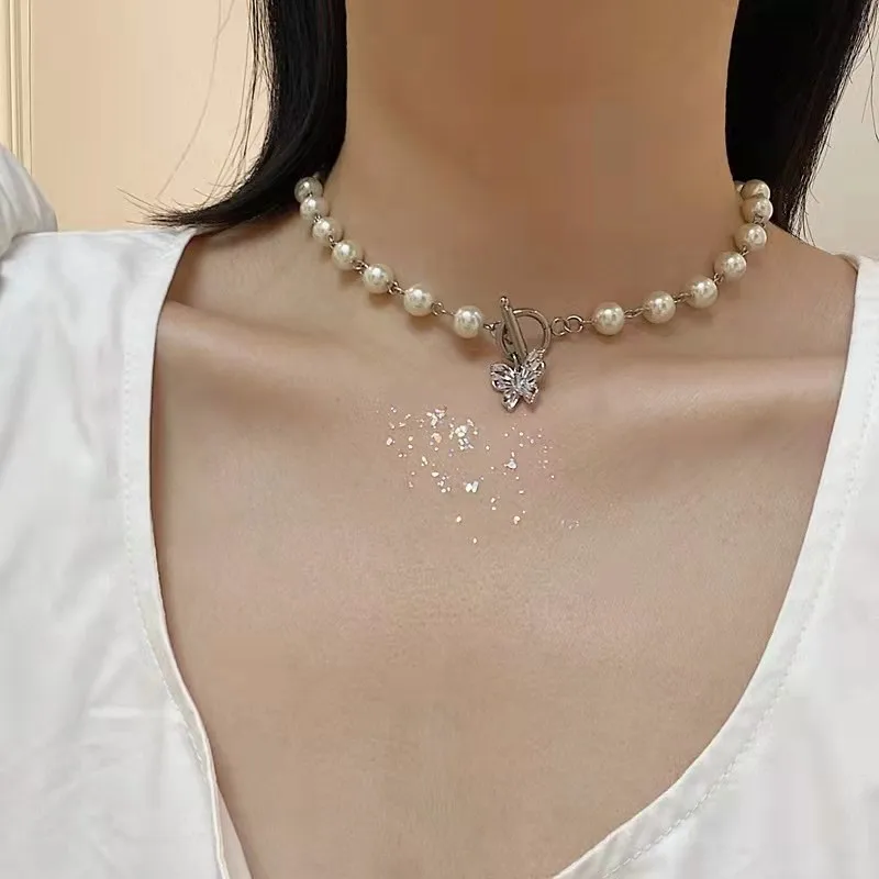 

Free Shipping Items 2022 New Butterfly Pearl Pendant Titanium Steel Neckchain Women's Necklace