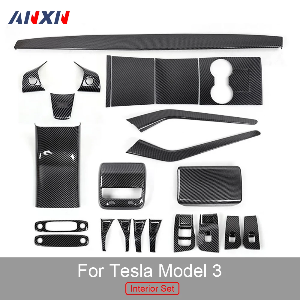 

ABS Carbon Fiber Center Console Dashboard Dash Cover Door Lock Switch Trim Steering Wheel Suit Kit for Tesla Model 3 2017-2020