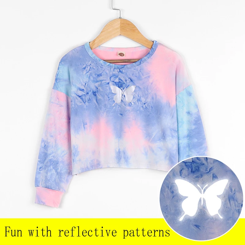 

Girls Tie-Dye Long-Sleeved t-Shirt 202 New European And American Children's Luminous Butterfly Round Neck Top Baby Girls Clothes
