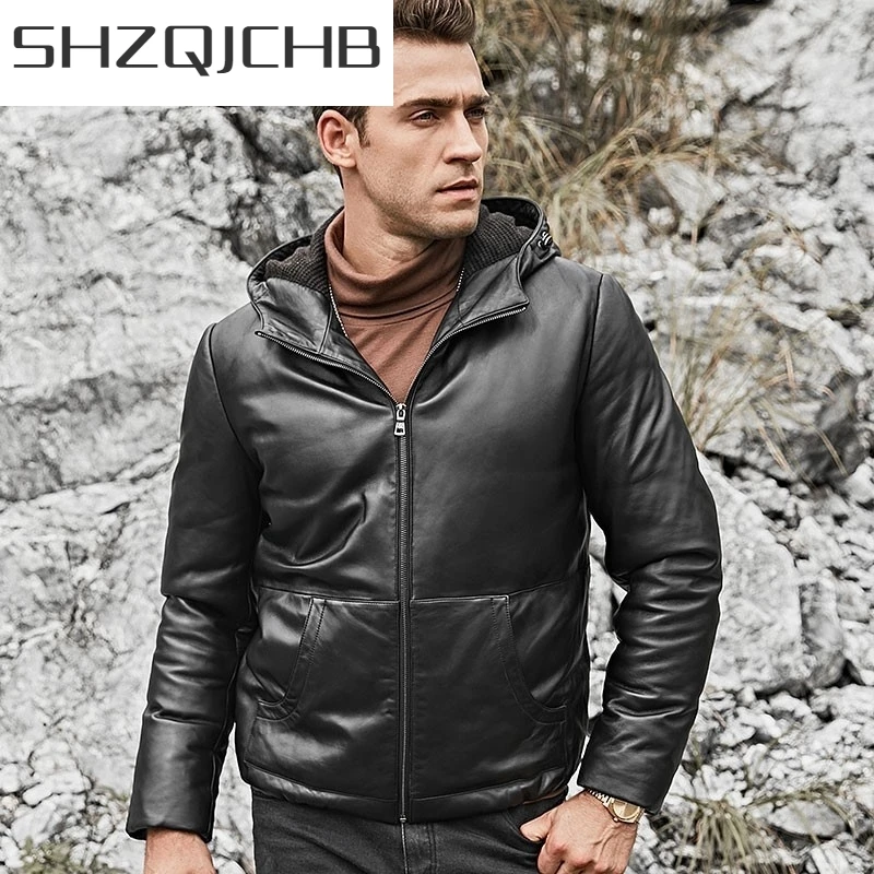 

JCHB 2021 Winter Men Hoody Sheepskin Genuine Leather Down Jacket Motorcycle Windbreaker Outwear Coat Slim Fit Leather Jacket Plu