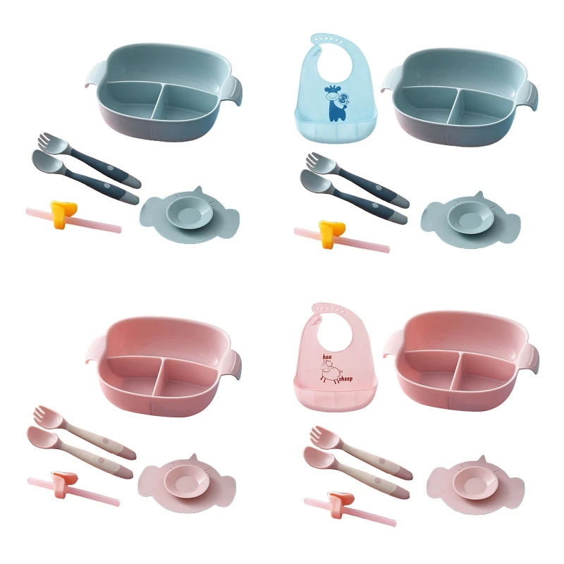 5-6Pcs Baby Divided Plate Bowl Suction Cup Dish Spoon Fork Bibs Straw Tableware Set Infant Learning Feeding Training Dinnerware