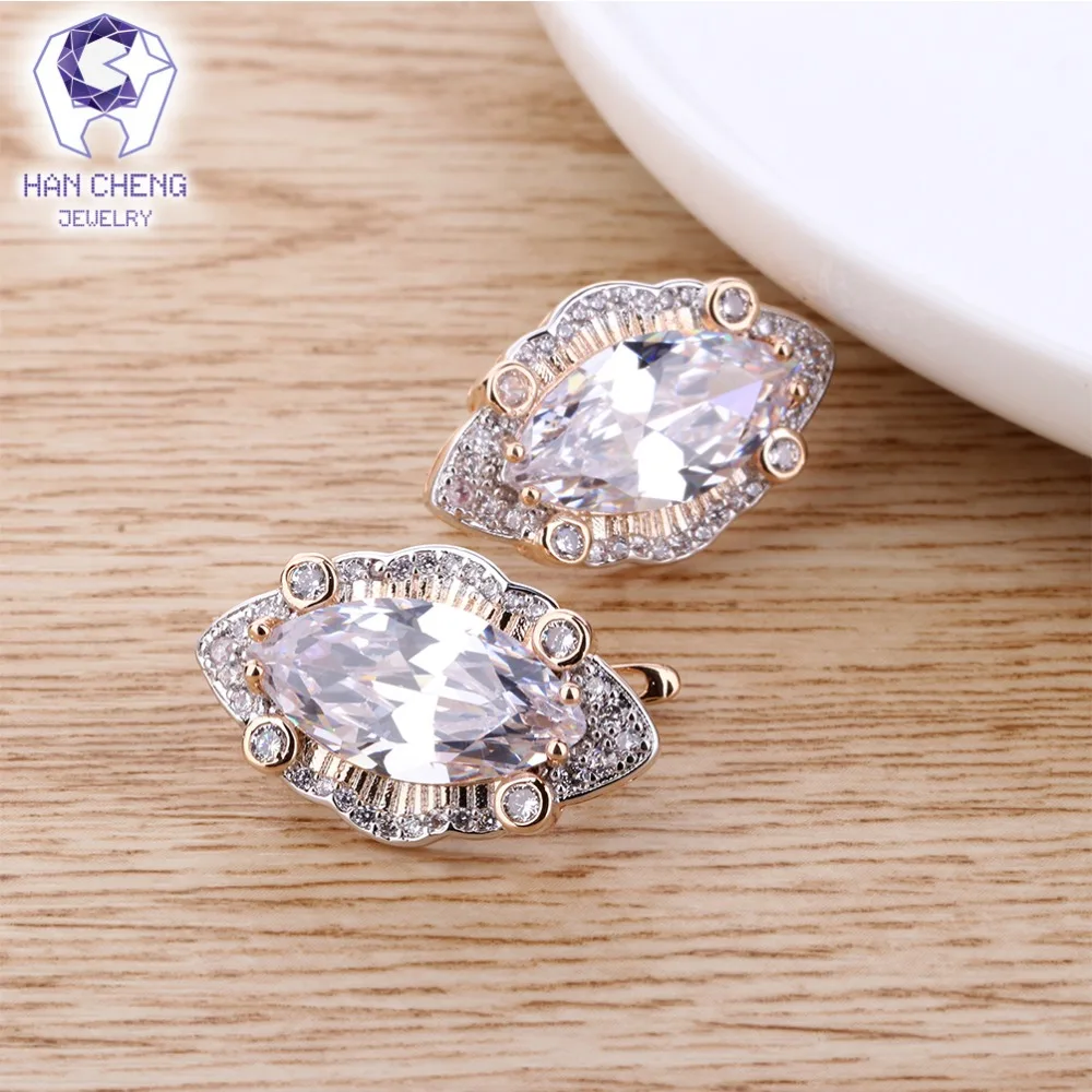 HanCheng New Fashion Luxury Leaf Copper Golden Zircon CZ Gem Stone Plated Silver Stud Earrings For Women Jewelry brincos bijoux
