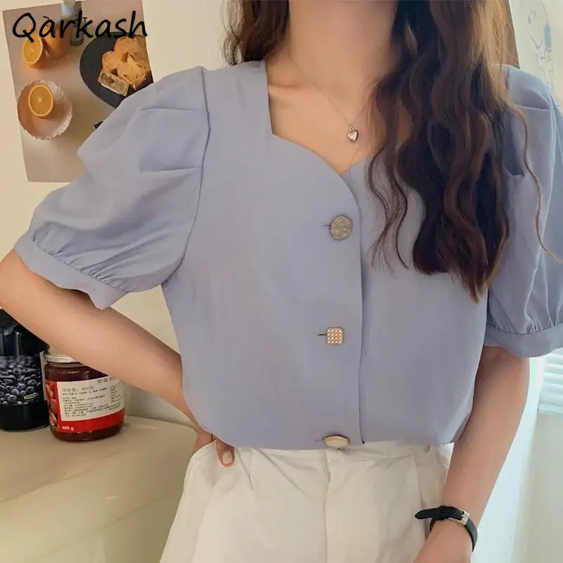 

Shirts Women Chiffon Simple Ladies Tops Trendy All-match French Style Tender Casual Puff Sleeve Solid Button Up Camisa Feminina