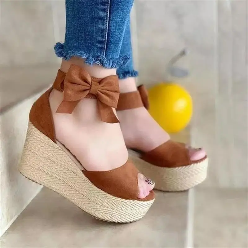 

Сандалии женские на платформе и высоком каблуке, однотонные босоножки на танкетке, повседневная обувь с бантом, с открытым носком, на лето