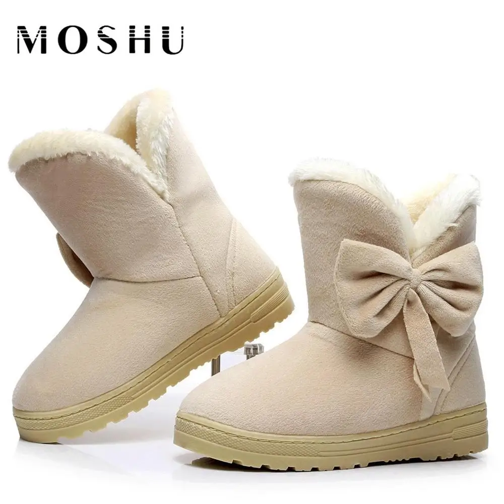 Зимние женские ботильоны теплые плюшевые меховые ботинки с бантом черные для