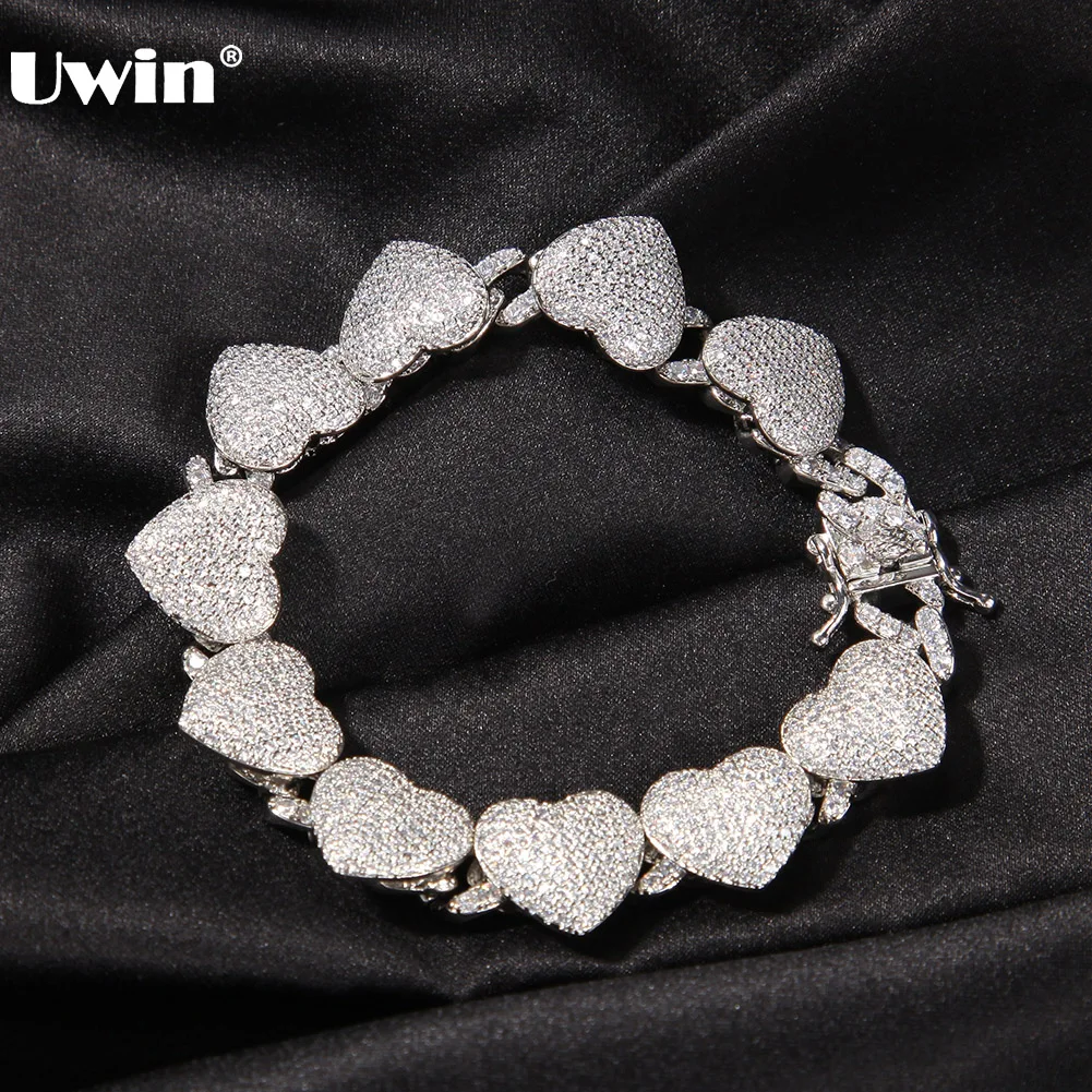 

UWIN 15mm Cuban Chain Bracelet with CZ Heart Micro Paved Iced Out Cubic Zirconia Bracelets for Girls Luxury Accessories