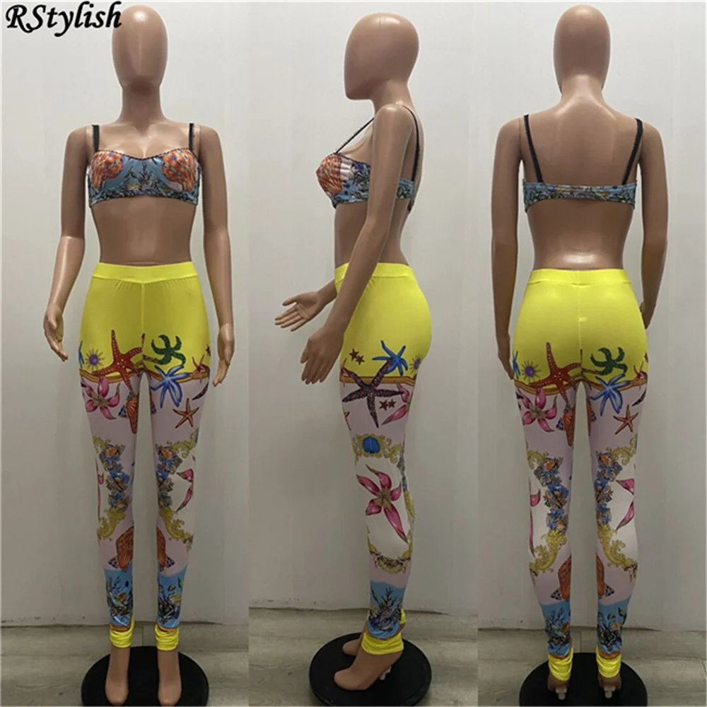 

RStylish 2021 Sexy Halter Vest Bra Leggings Two Piece Women Set Elastic High Matching Suit Party Clubwear Summer Vacation Outfit