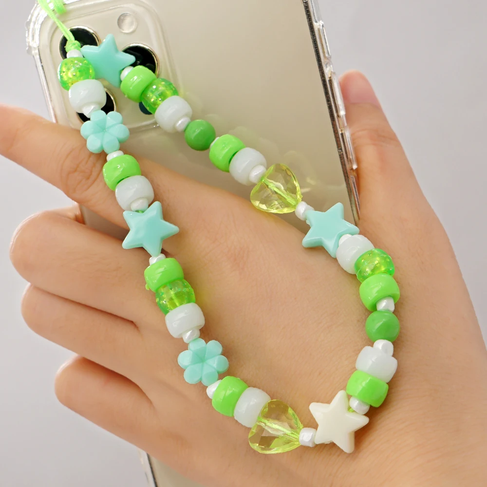 

Phone Charm Beads Mobile Chain Telephone Jewelry 2021 Star Charms Green Acrylic Beaded Lanyard Hangs Phone Accessories