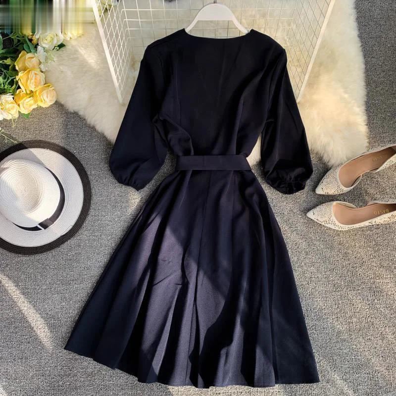 

Spring Summer 2021 Women Dress Solid V-Neck Three Quarter Sleeve Vestidos Chic Sashes High Waist Knee-Length Robe