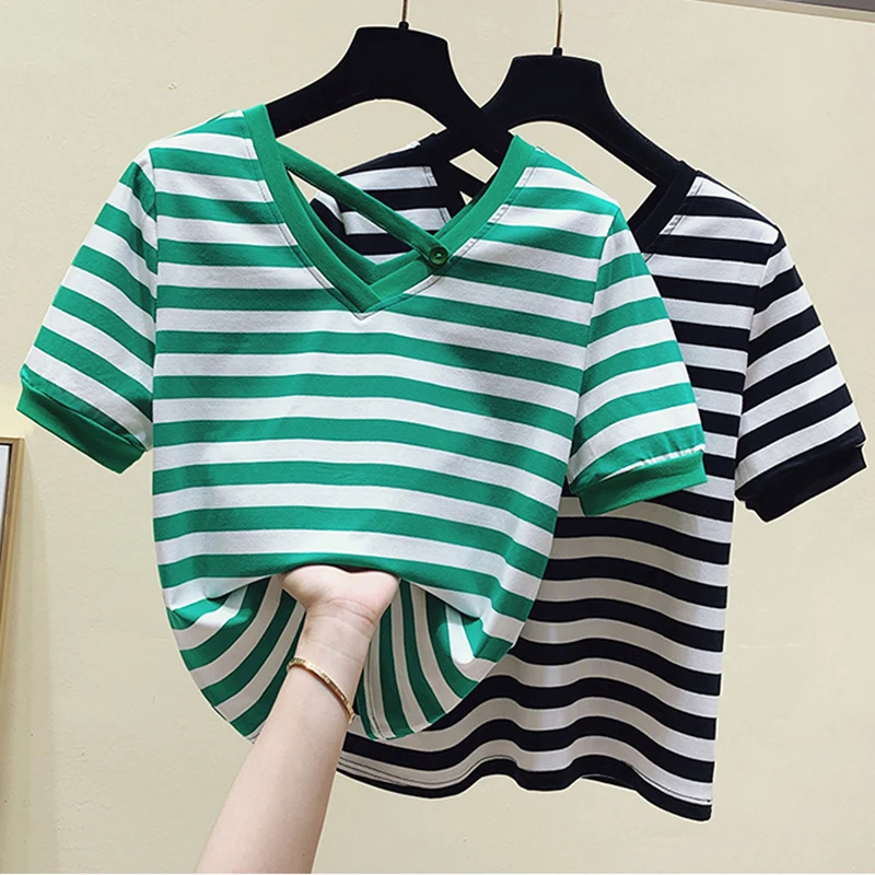 

Striped T-shirt For Women Short Sleeve V Neck Soft Cotton Summer Tops 2021 Loose Casual Korean Fashion Tshirts Tee Shirt Femme