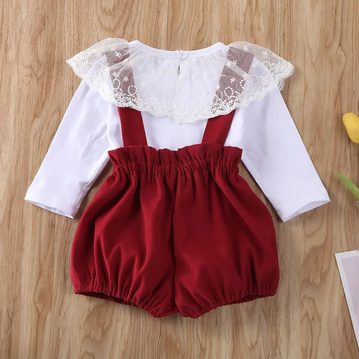 

0-24M New Newborn Fashion Baby Girl Clothes Solid Color Lace Long Sleeve Tops Strap Shorts Overalls 2Pcs Outfits Cotton Clothes