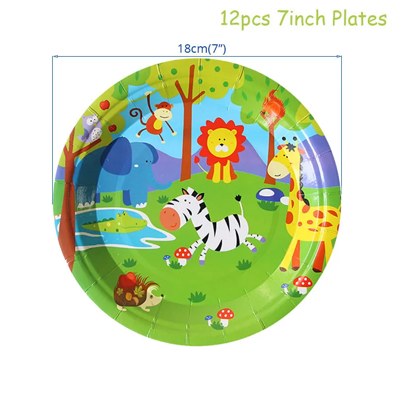 12pcs 7inch plates Вечерние одноразовые стаканчики в стиле джунглей для вечеринки в честь Дня рождения, украшения для детей, милые животные, принадлежности для душа для малышей - Цвет: 12pcs 7inch plates