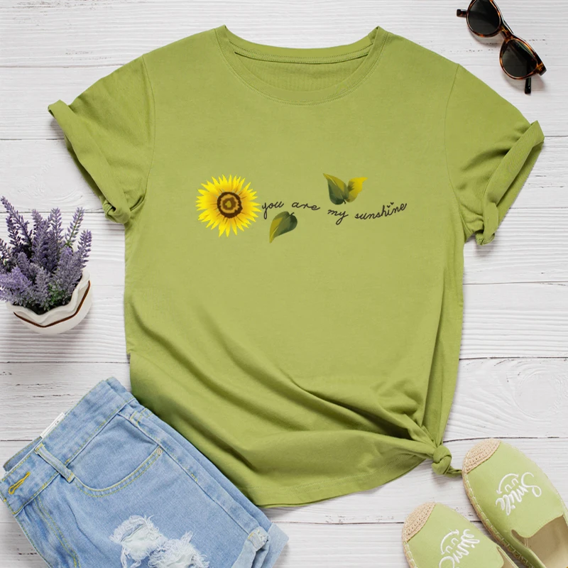 

2021Summer O Neck Short Sleeve Tees Shirts Plus Size S-5XL Beautiful Sunflower Shirt Women's Cotton T-Shirt Casual Black Tops