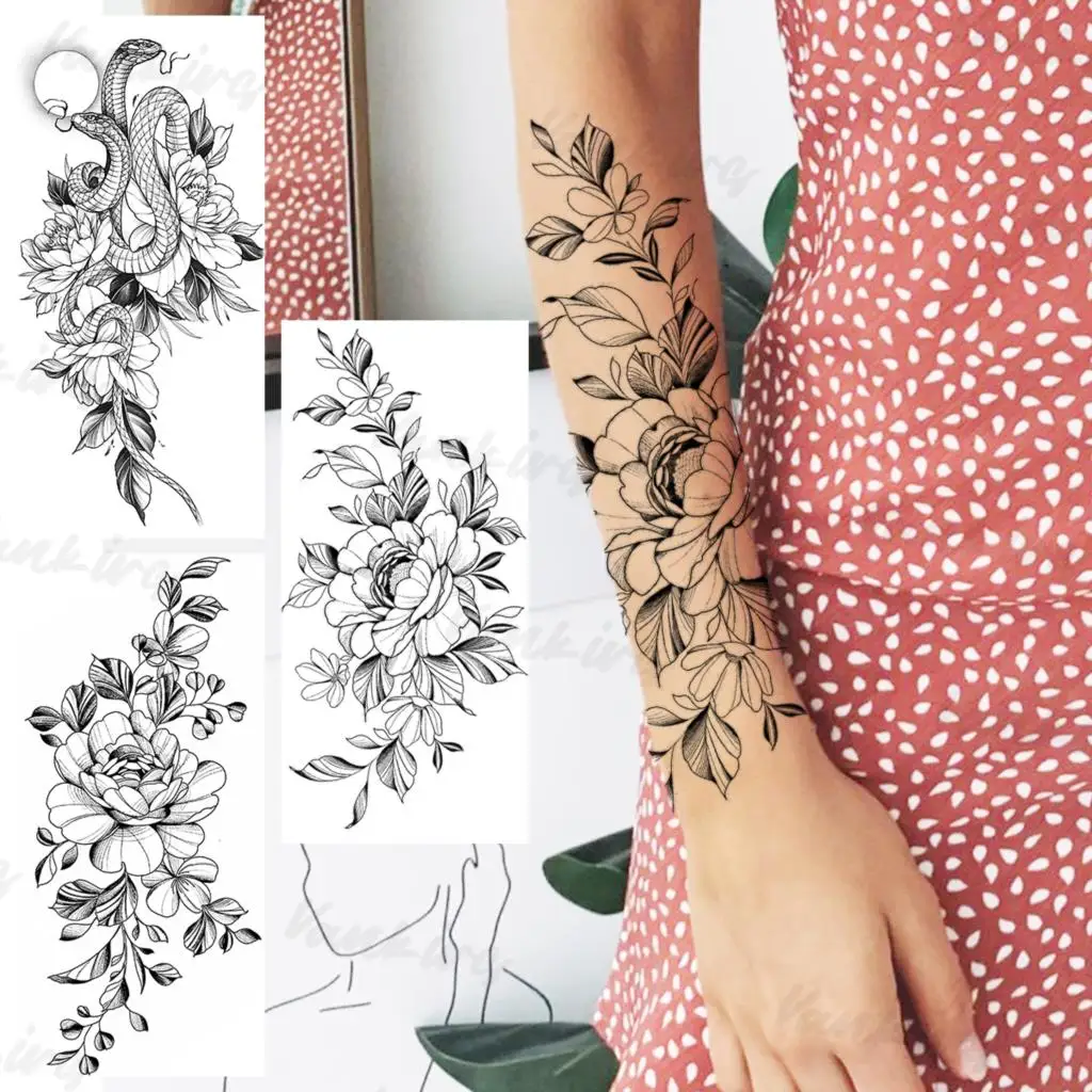 

Временные татуировки с черными цветами для женщин и взрослых, Реалистичная змея, флора, искусственная татуировка, наклейка на предплечье, ...