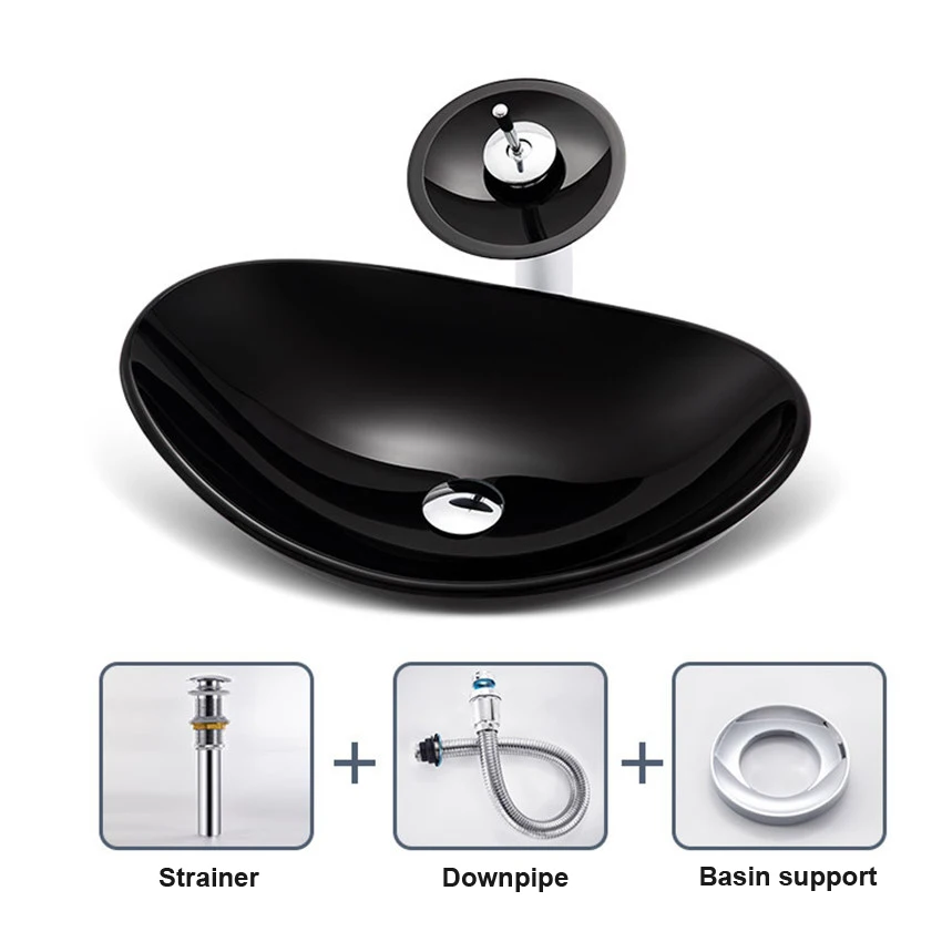 Смеситель для умывальника из черного закаленного стекла набор латуни Овальный