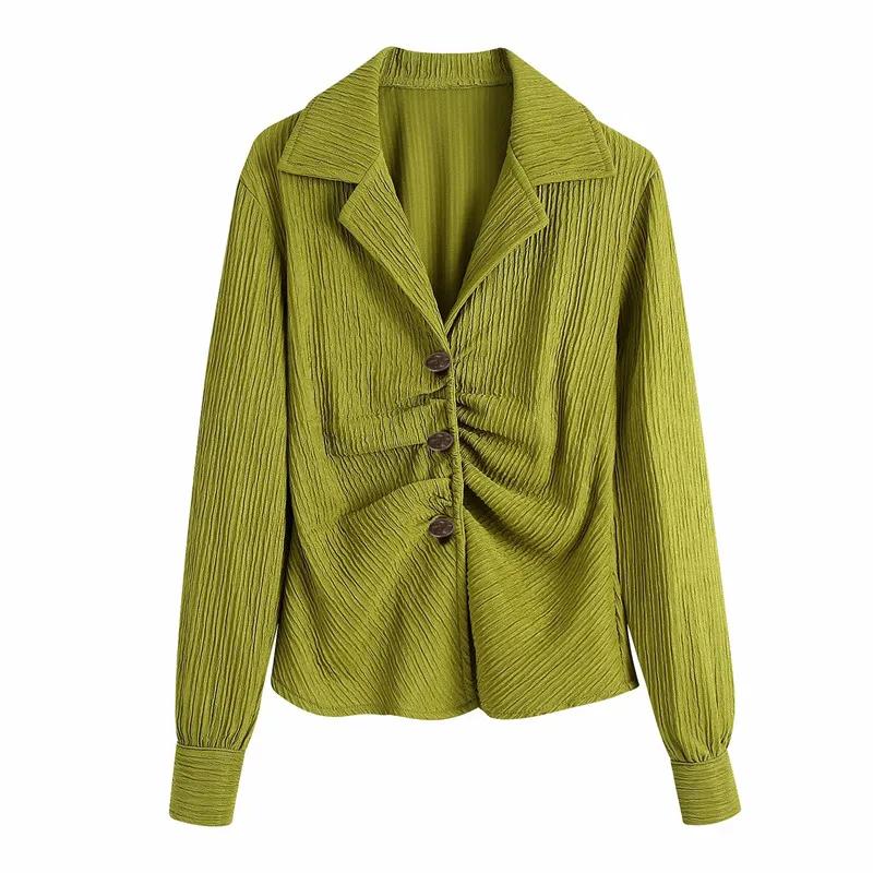 

Повседневная Женская блузка PUWD со складками и V-образным вырезом, весна-осень 2021, модная женская винтажная рубашка в стиле High Street, Женская Од...