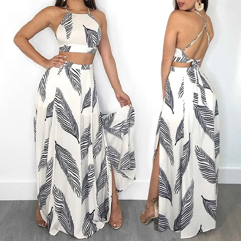 

2021 Summer Women Leaf Printed White 2 piece skirt set Sexy Cropped Halter Top & High Slit Maxi Skirt Sets