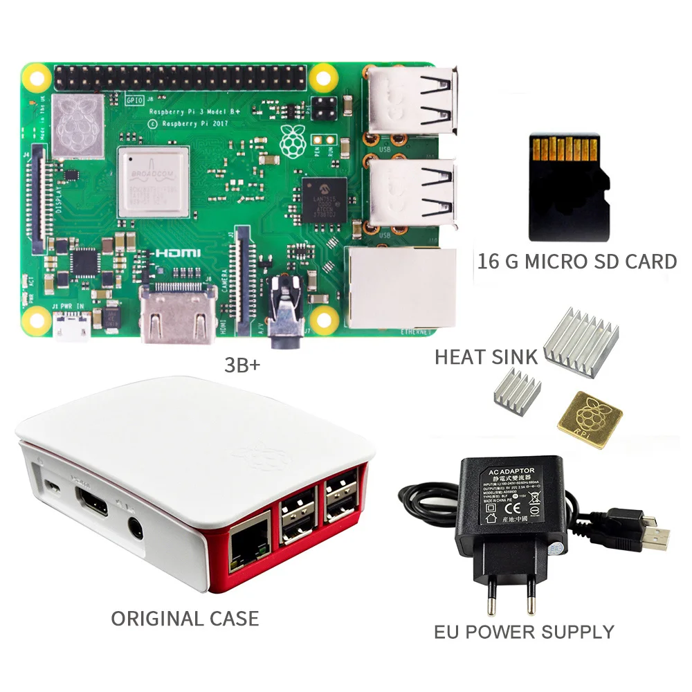 Raspberry Pi 3 Model B+ комплект 16G SD карты+ чехол+ 5 V/2.5A EU/US Питание с кабелем+ теплоотвод