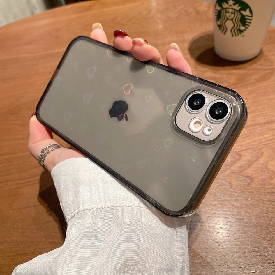 transparent case with hearts for iphone 13 11 12 pro max mini xr 7 8 plus xs soft colorful laser cover holographic flower cases free global shipping