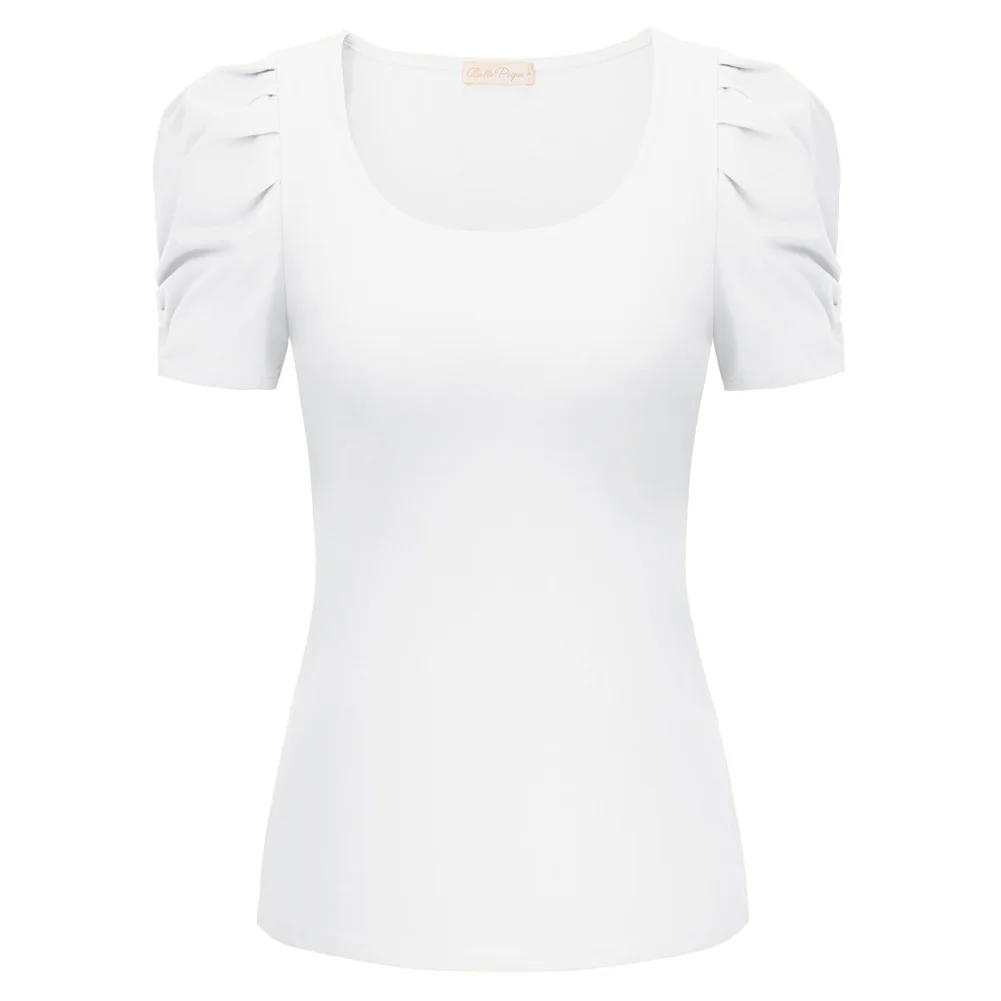 

Women's Tee Shirt Cotton T-Shirt Tops Short Puff Sleeves U-Neck Comfy Solid Color Stretchy Slim Clothing Girls Lady Summer Tops
