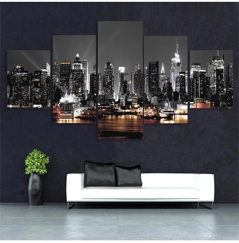 

Canvas Painting Wall Art 5 Pieces New York City Construction Scenery Pictures Prints Night View Poster Home Decor Modular Framed
