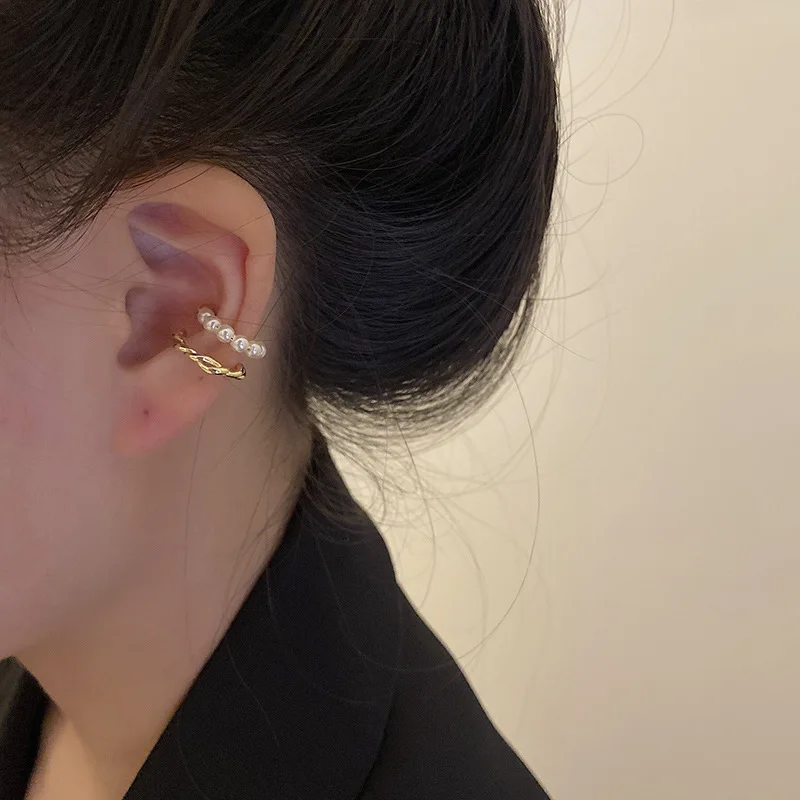 

Korean 1PC French Elegant Double Layer Imitation Pearl Twist Metal Ear Clip For Women No Pierced Ear Cuff Sweet Trendy Jewelry
