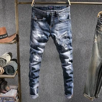 european american street fashion men jeans retro blue elastic slim fit ripped jeans men printed designer hip hop denim pants