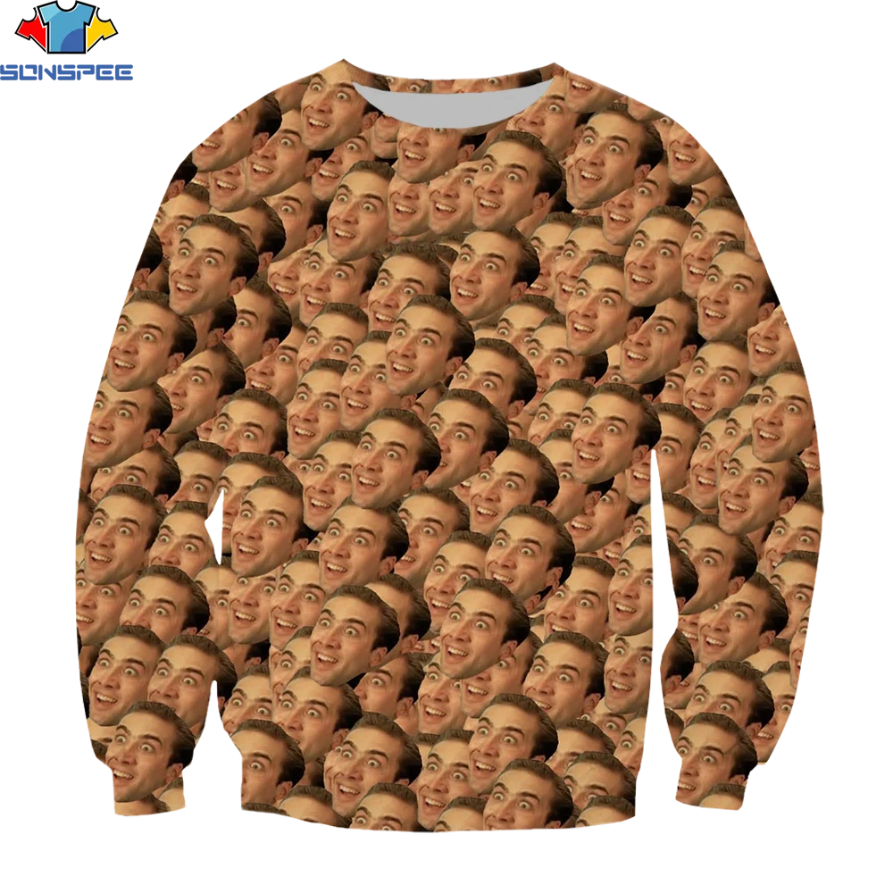 

SONSPEE 3D Print Famous Movie Star Nicholas Cage Funny Print Men Without Cap Long sleeve Sweatshirts 3D Printed Hip Hop Clothing