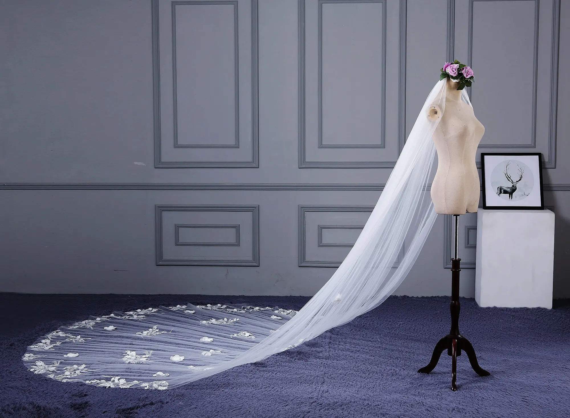 Tanpell Amazing 3D Flowers Appliques Cathedral Wedding Veil One-Layer Ivory Tulle Long Accessories Bridal For | Свадьбы и торжества