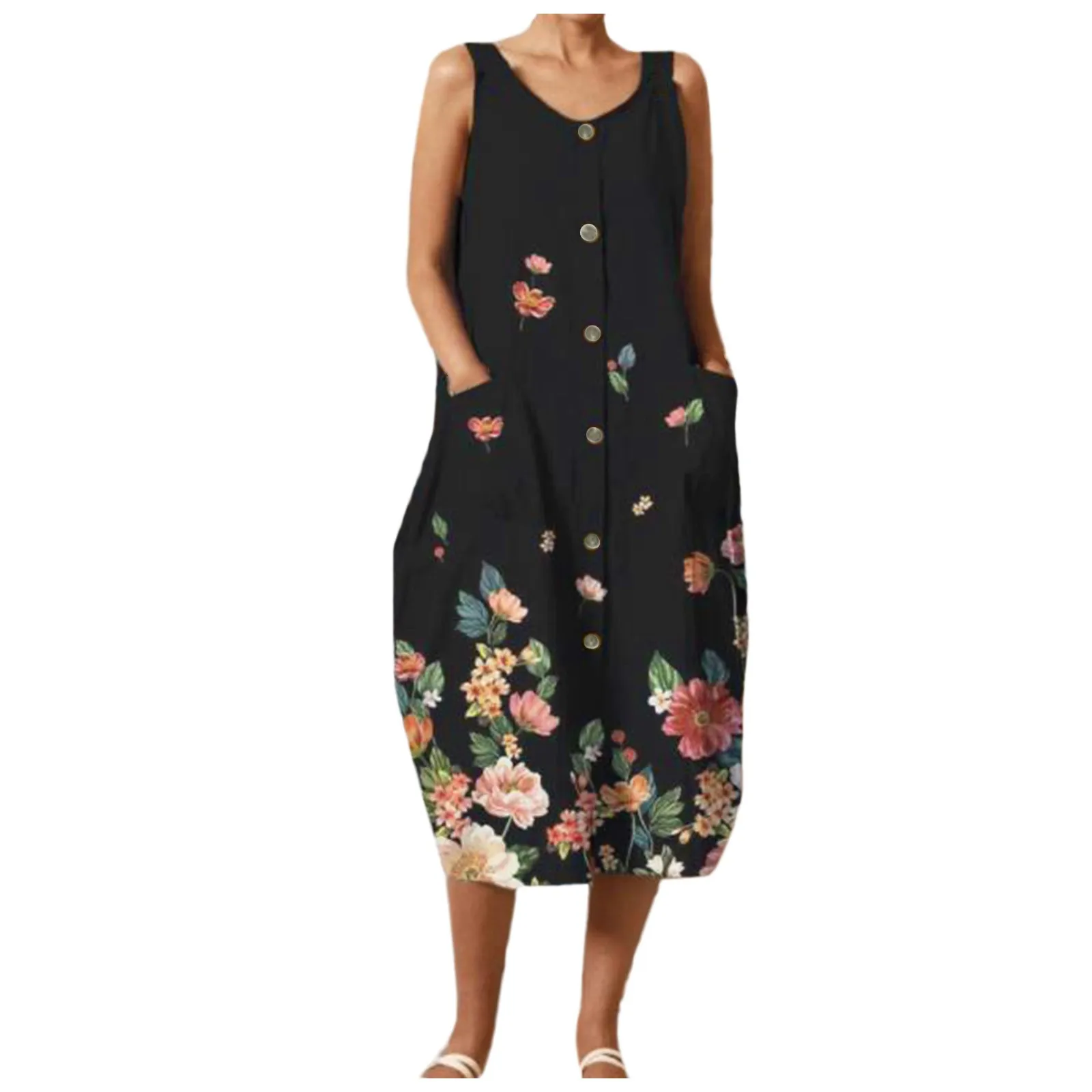 

40# Floral Plus Size Tank Dress Woman V-neck Sleeveless Buttons Pocket Cotton And Line Dress Casual Holiday Dresses For Women