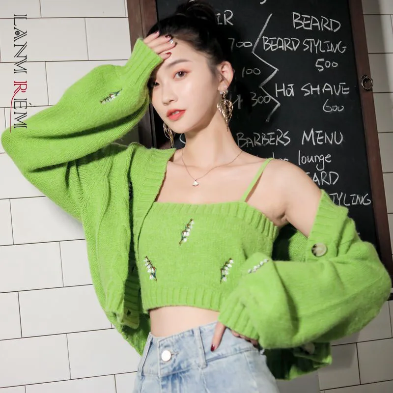 

LANMREM 2021 осенний Новый свитер кардиган пальто женское длинное с v-образным вырезом повседневное зеленое вышитое короткое свободное вязаное п...