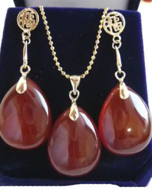 

new Style Hot sale****Red jade Drop Fortune Dangle Pendant Necklace Earrings Set Fashion Wedding Party Jewellery