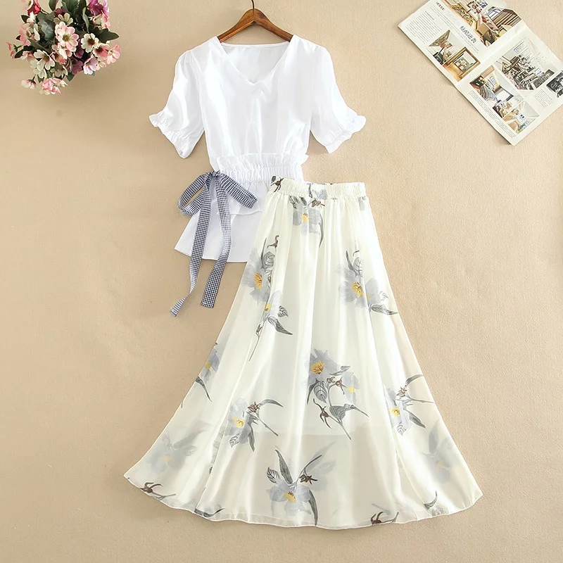 

Summer New 2021 Chiffon Women Dresses Sets White Bow Blouse And Floral A-Line Skirts Office Lady Clothing Suits Oversized 4XL