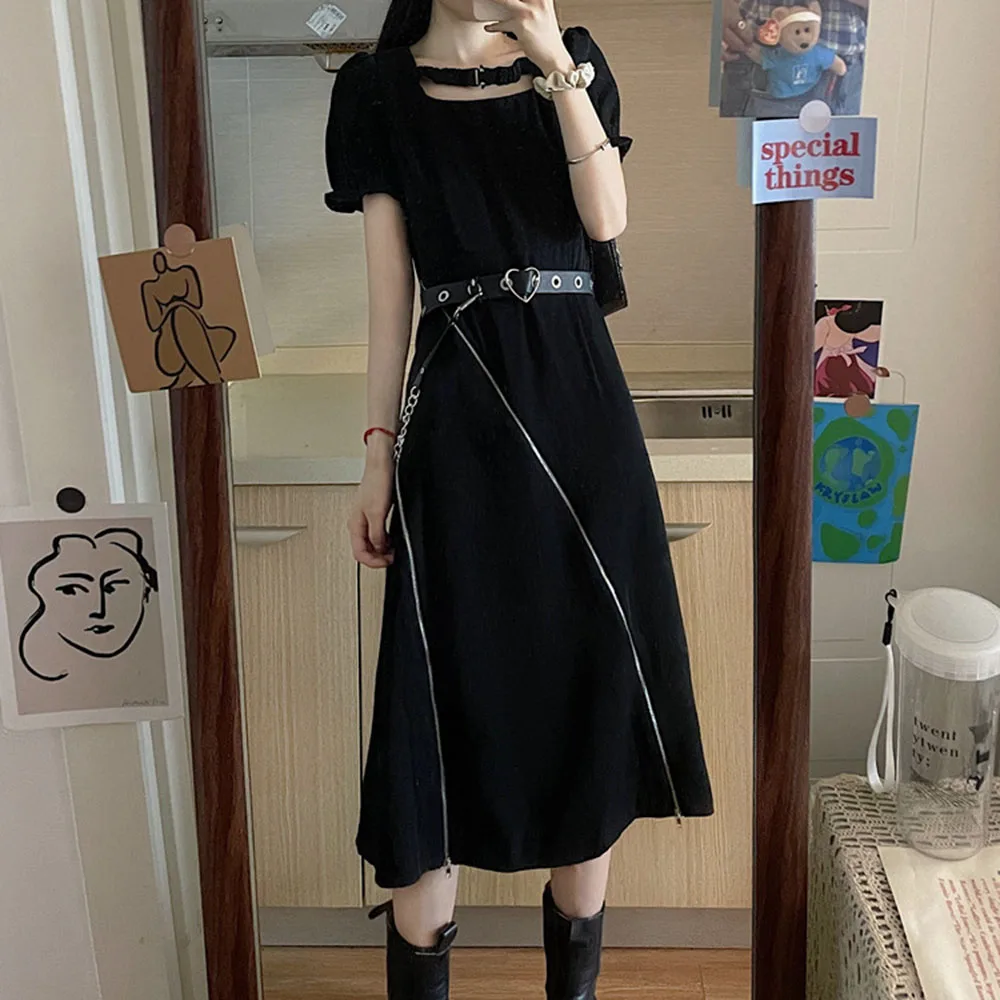 

2021 New Dress Solid Color High Street Fashion Zipper Split Fork Square Collar Short Sleeve Irregular High Waist Hipster Women's