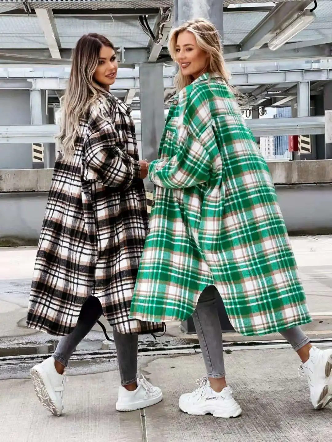 

Long Plaid Single-breasted Lapel Shirt Jacket Women 2021 New coats