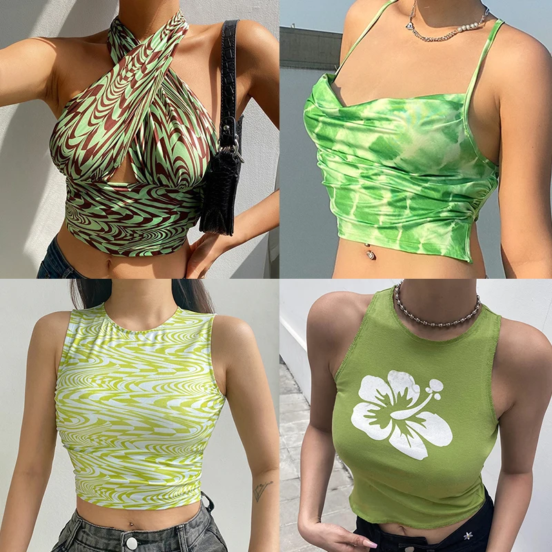 Tops cortos Y2K para mujer, camisetas verdes sexys a la moda para...