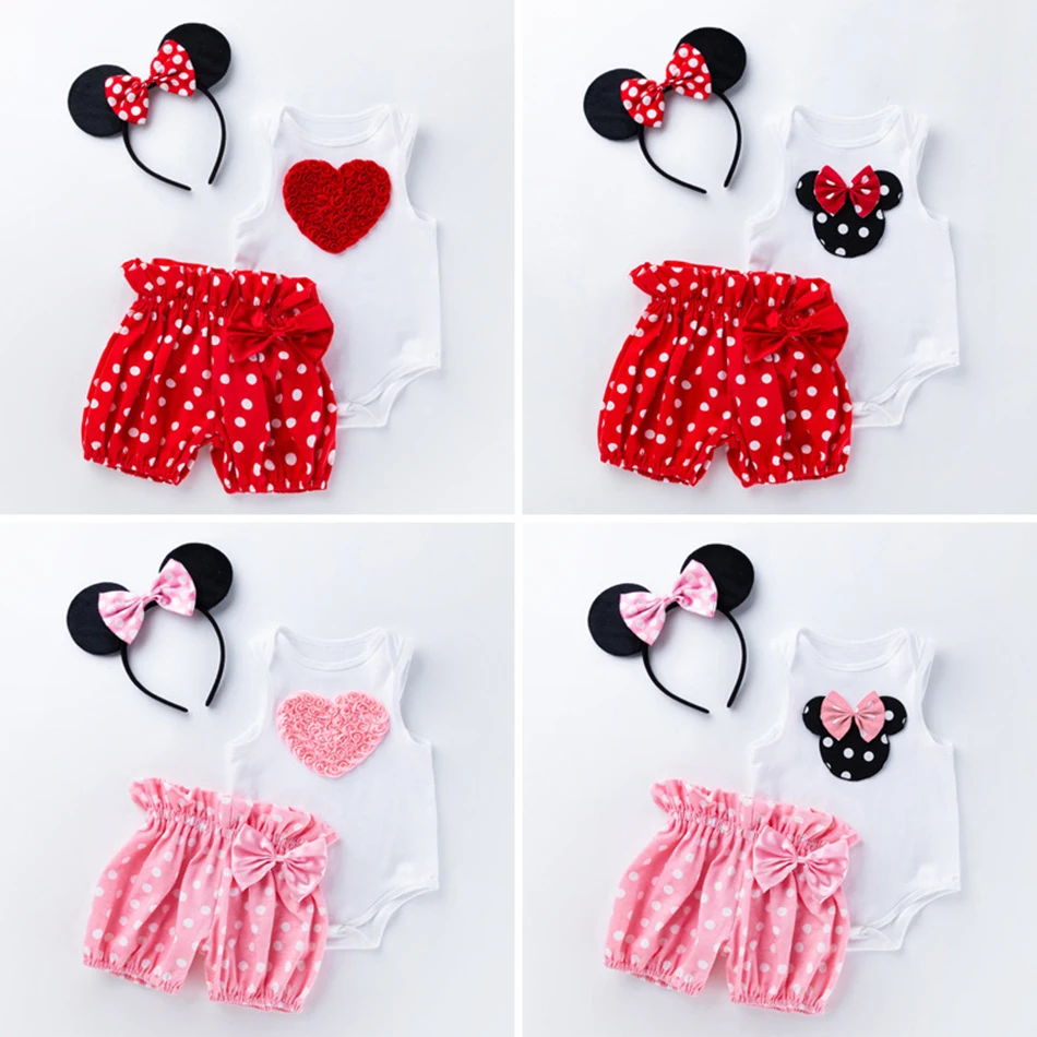 

Newborn 0-2 Years Baby Girls Mickey Minnie Birthday Party Clothes Set Children Summer Romper Shorts Ear Headband 3 Pcs Outfits