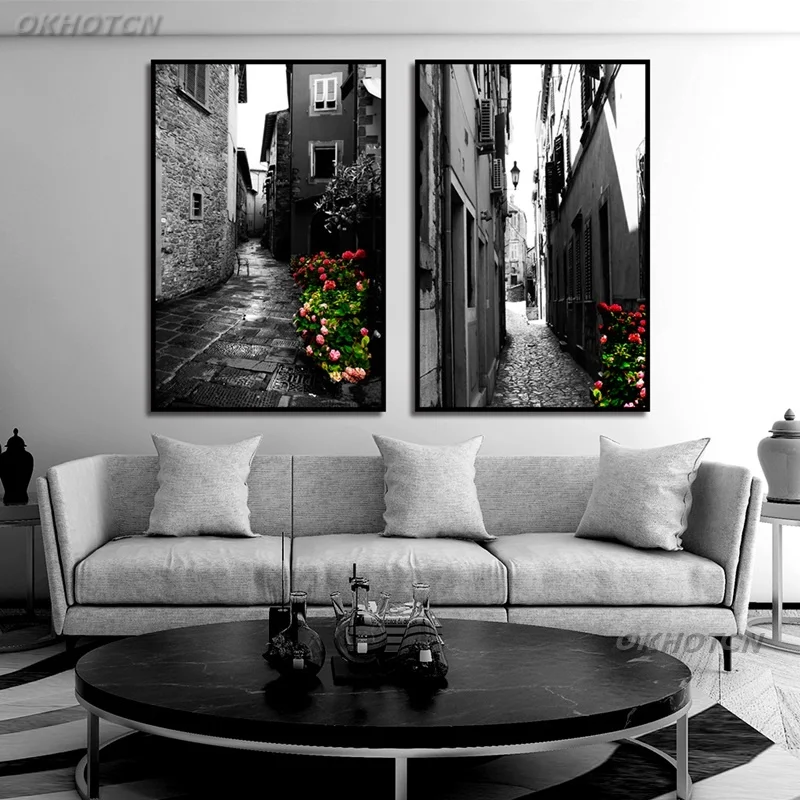 Картина на холсте цветные цветы в черно-белой аллее скандинавском стиле печать