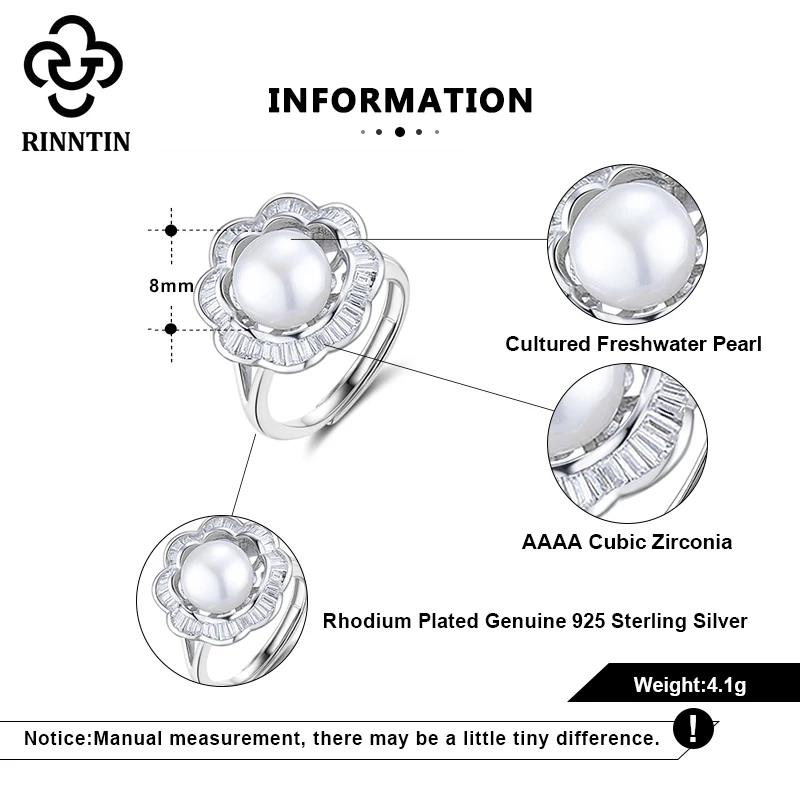 

Rinntin 2021 Vintage 925 Sterling Silver Freshwater Pearl Rings Cubic Zirconia Paved Delicate Adjustable Women Jewelry GPR02