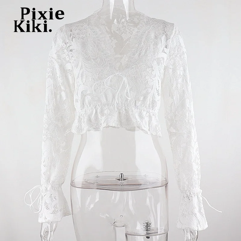 Pixiekiki белое кружевное платье с длинными рукавами рубашки для женщин Фея гранж