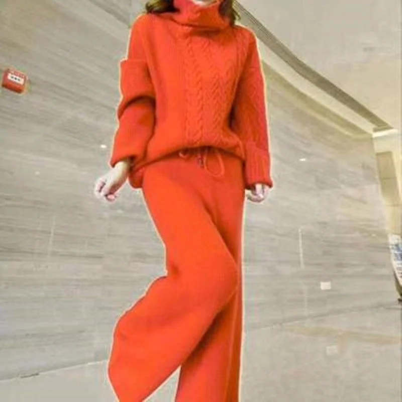 2022 New Winter Fashion Women Thicken Warm Knitted Two-Piece Suits Pullover Sweater + High Waist Loose Wide Leg Pants Set X568