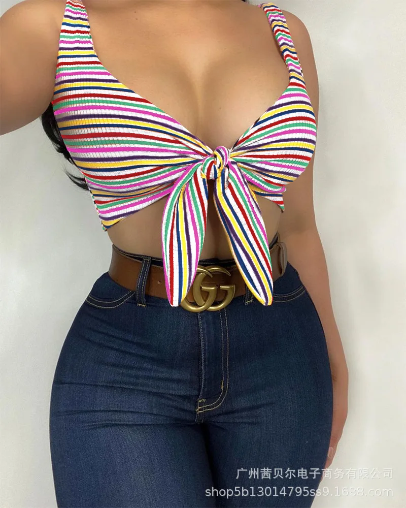 

WEPBEL Women Sexy Colorful Stripe Crop Top Vest Shirt Ladies Elegant Sleeveless Halter V Neck Bow T-shirt