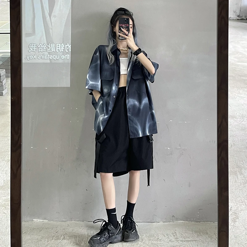 

Harajpoo Women Shirts Retro Short Sleeve Female Summer Korean INS Harajuku Style Black Chain Decoration Loose Casual Tops Tide