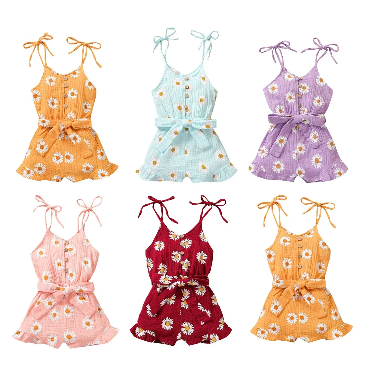 

1-6Y Toddler Baby Girls Daisy Romper Summer Sleeveless Bandage Floral Print Tunic Cotton Linen Jumpsuit Playsuit With Belt