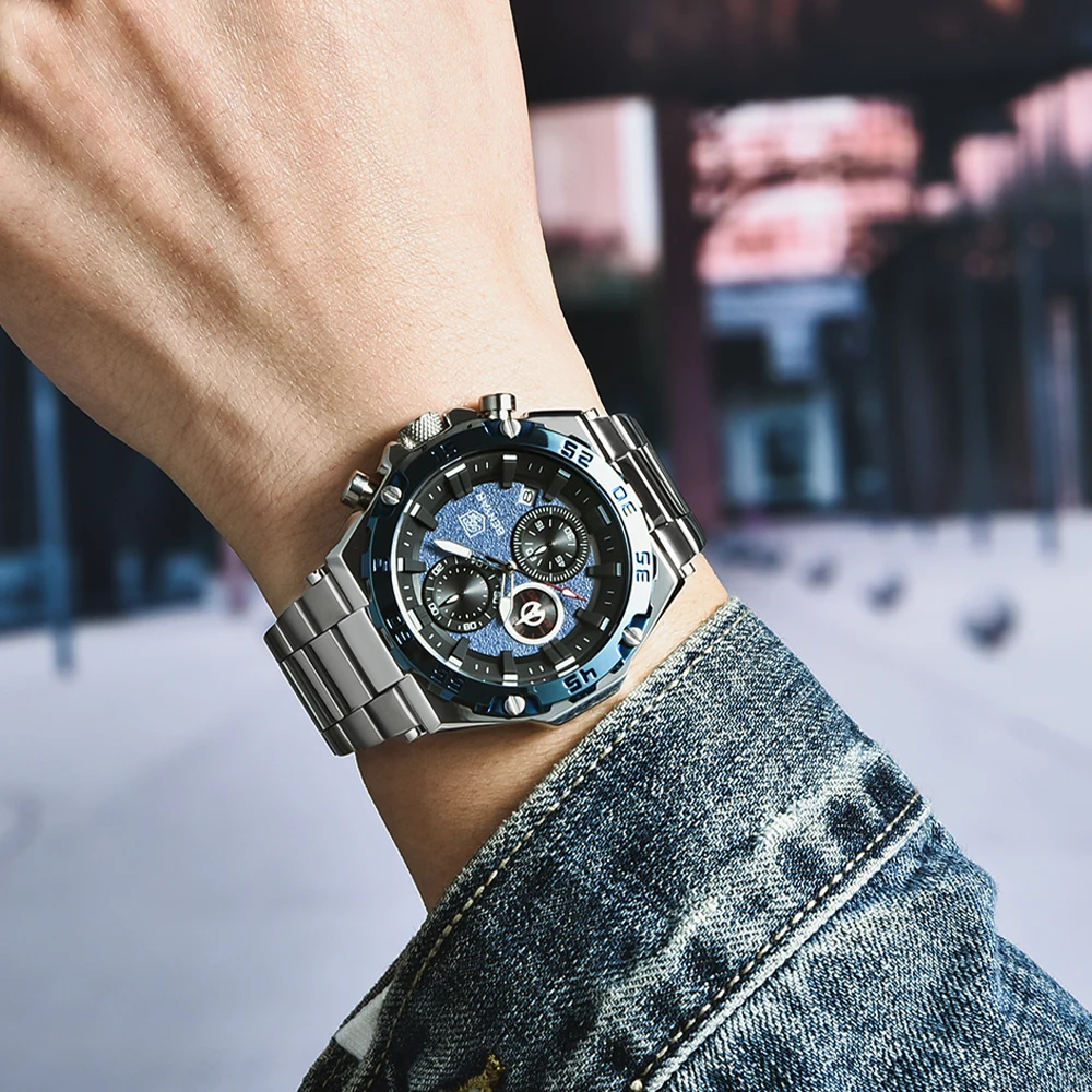 Часы-Хронограф Мужские кварцевые из нержавеющей стали водонепроницаемость 30 м |