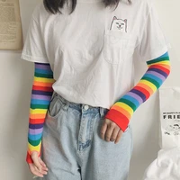 women girl harajuku elbow length fingerless arm sleeve warmer rainbow colored striped knitted sunscreen halloween energetic cost
